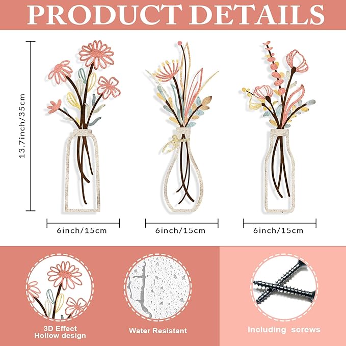 Pigort 3 Pieces Metal Flowers Wall Arts - Rustic Farmhouse Style Décor Metal Wall Art Black Minimalist Flower Natural Themed Wall Decors for Home Bedroom Dining Room Housewarming (Pink Beige)