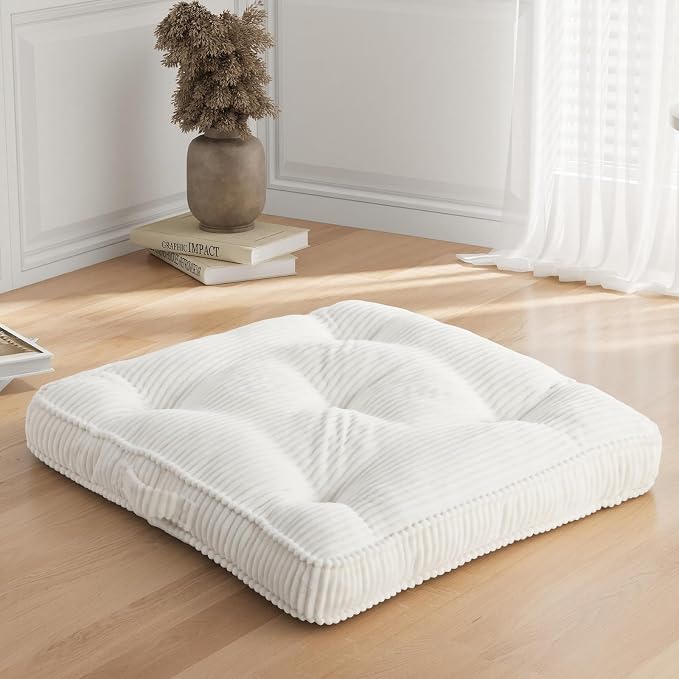 Meditation Floor Cushion, 22x22 Tufted Floor Pillow for Adults, Square Large Meditation Cushion Pillow, Corduroy Sitting with Handle, Yoga Seating for Tatami, Beige, 1Pack