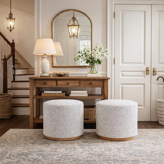 Spatial Order 22" Round Ottoman with Wooden Base - Cream Boucle with Gray Yarns