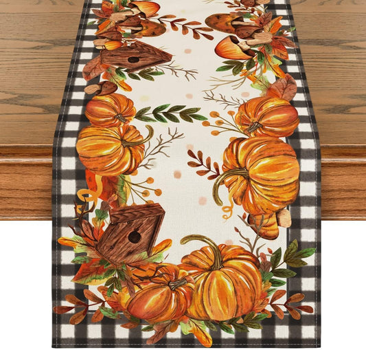 Artoid Mode Buffalo Plaid Pumpkins Mushrooms Birdhouse Leaves Table Runner, Seasonal Fall Harvest Vintage Kitchen Dining Table Decoration for Indoor Outdoor Home Party Decor 13 x 36 Inch