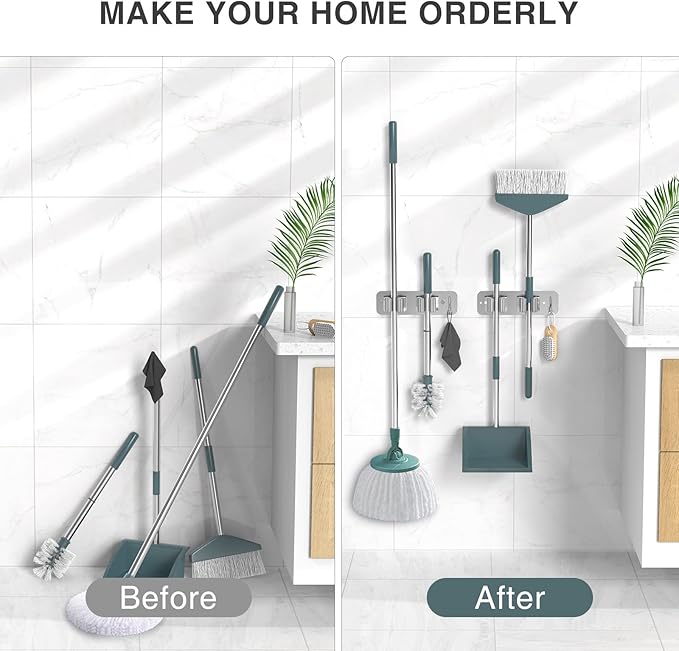 homeasy Wall Mount Mop and Broom Holder, Heavy Duty Stainless Steel Organizer Rack with Hooks | 2-Pack, 2-in-1 No Drill & Screw Installation, Silver