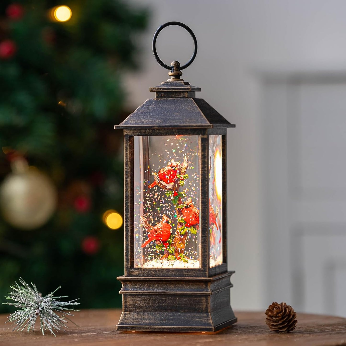 Christmas Snow Globe Lantern Water Glittering 10'' Cardinal with Music & Timer, USB Lined/Battery Operated Lighted Lantern for Christmas Festival Decoration Gifts