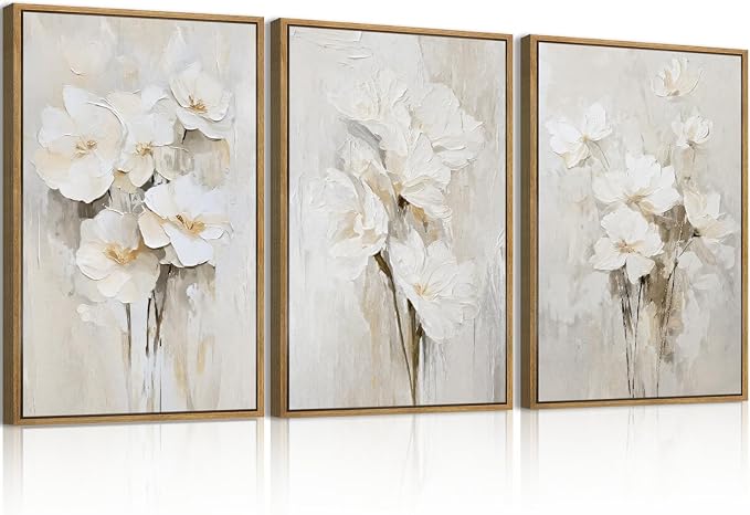 Anyzal Extra Large Beige Floral Framed Wall Art 24x36 Inch Neutral White Flower Canvas Wall Art Farmhouse Wildflower botanical Artwork for Living Room Bedroom Dining Room Set of 3