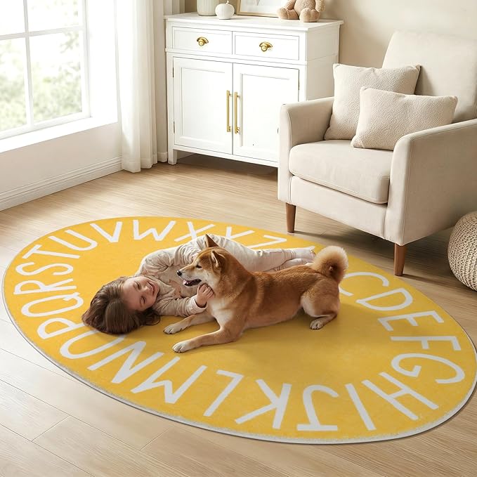 Topotdor Oval Kids Play Rug Alphabet Nursery Area Rug Extra Large Soft Crawling Play Mat for Children Toddlers Bedroom (47x70 inch, Yellow)