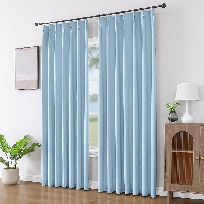 Joydeco Pinch Pleated Linen Curtains for Living Room, 100% Blackout Curtains 84 inches Long 2 Panel Thermal Insulated Pinch Pleat Drapes(Chambray Blue,40'' Wx84'' L)