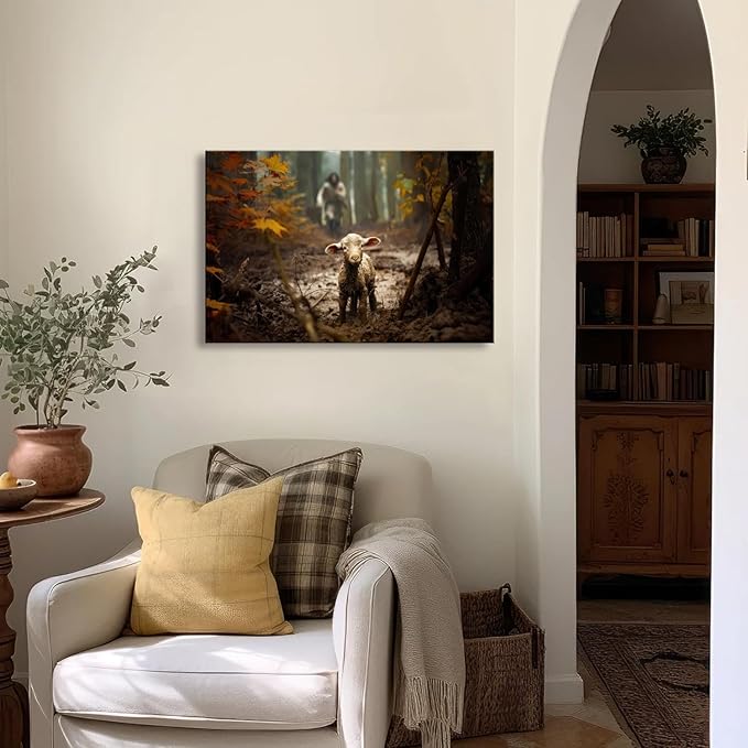 Ploceiny large artwork for wall Baptism wall art gifts for prayer room Jesus Running After Lost Lamb Picture for home decor canvas wall prints for for Living Room Bedroom decorations .(36"X24") A-399