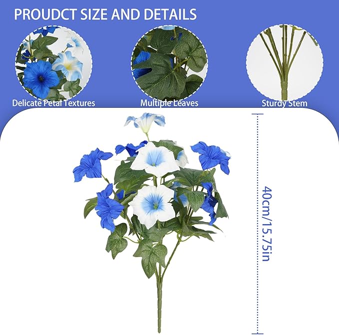 Artificial Flowers for Outdoors, Faux Petunias Spring Summer Decoration, Fake Flowers Plants UV Resistant Look Real Silk Flowers for Outside Planter Front Door Porch Patio Yard (6, Blue-White)
