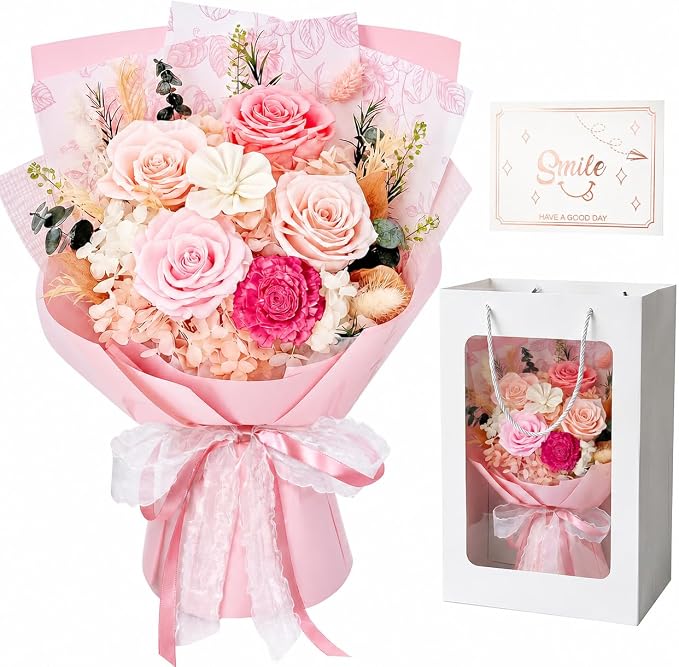 Pink Preserved Flowers Bouquet, Eternal Real Flower for Women Real Roses That Last 3 Years Handmade Floral Arrangement for Mother's Day Birthday Gifts Anniversary Surprise for Mom Women Her