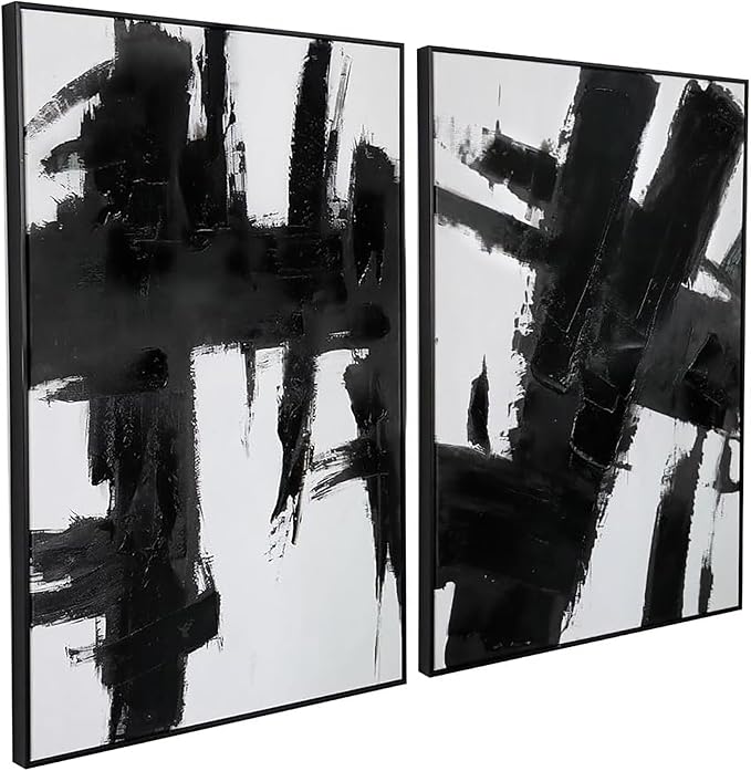 Black and White Abstract Canvas Wall Art - Set of 2 Piece 24 x 36 inch Framed Hand-Textured Geometric Artwork - Perfect for Stylish Living Room or Office Decor
