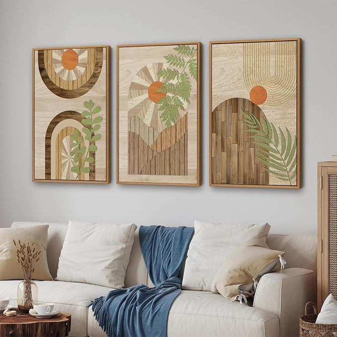 KYLESONLIE Mid Century Modern Framed Canvas Wall Art Set, Boho Wood Geometric Panel Wall Decor, Rustic Wooden Arch Art Painting, Pastel Sage Green Leaf Artwork for Living Room Bedroom Office 16"x24"x3