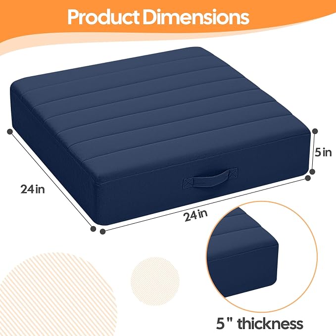 MeMoreCool Square Floor Pillows for Adults Kids, 2 Sets Large Meditation Cushion with 5" Thick Foam and Washable Tufted Cover, 24 Inch Navy Seat Floor Cushions for Sitting and Yoga