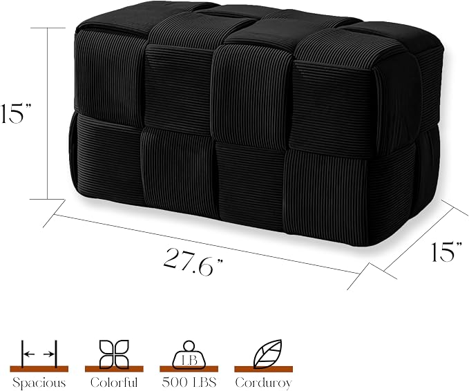 Cmishe 28" Rectangular Woven Corduroy Ottoman Footrest - Large Modern Entryway Bench & Bed End Stool, Sturdy Wood Frame, No Assembly (Black-L)