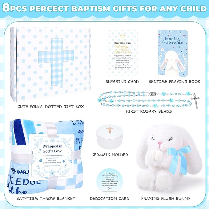 Baptism Gifts for Boy, Christening Gifts for Boys, Dedication Gift, Includes Bunny Stuffed Animal, First Rosary Beads, Prayer Book, Keepsake Blanket, Catholic Baptism Gift Basket