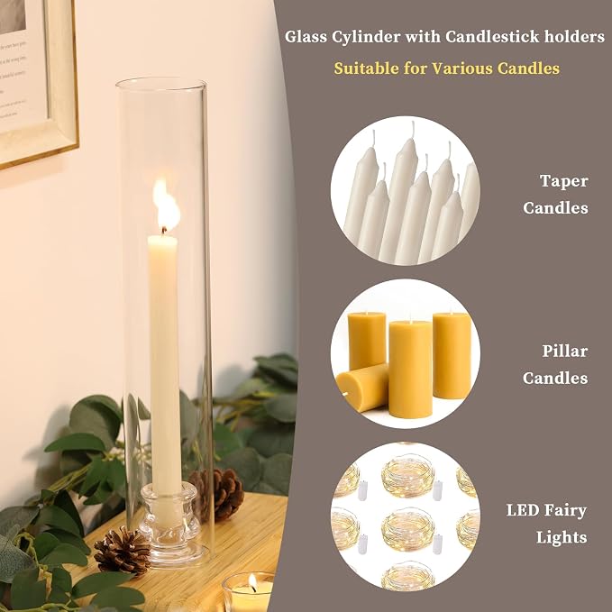 Volens Hurricane Glass Candle Holders Bulk- Set of 36 Candlestick Holders for Taper Candles with Windproof Cylinder Covers 14" Tall Clear Glass Chimney Cover for Wedding Table Centerpiece
