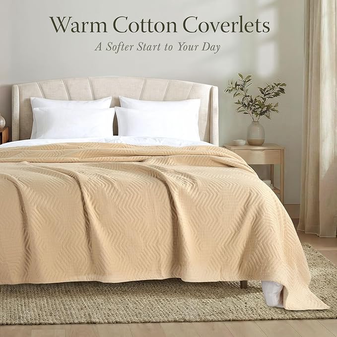 Threadmill Luxury Cotton Blankets for Twin Size Bed | All-Season 100% Cotton Twin Blanket for Bed | Aster Jacquard Lightweight, Soft & Cozy Coverlet, 350GSM, 68 x 90 inches | Beige