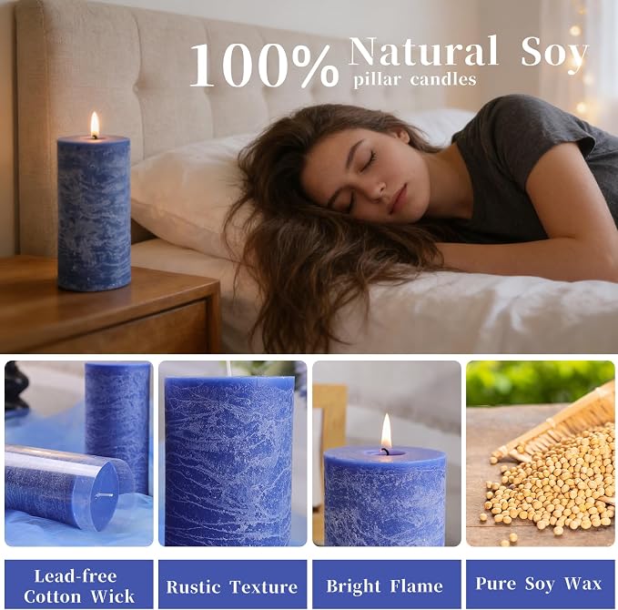 6 Pack Blue Soy Pillar Candles, 2.8x6 in Natural Unscented Soy Wax Candles, 540 H Burn Time, Non-Toxic, Smokeless Dripless Hand-Poured Rustic Pillar Candle for Dinner, Wedding, Home, Bathroom