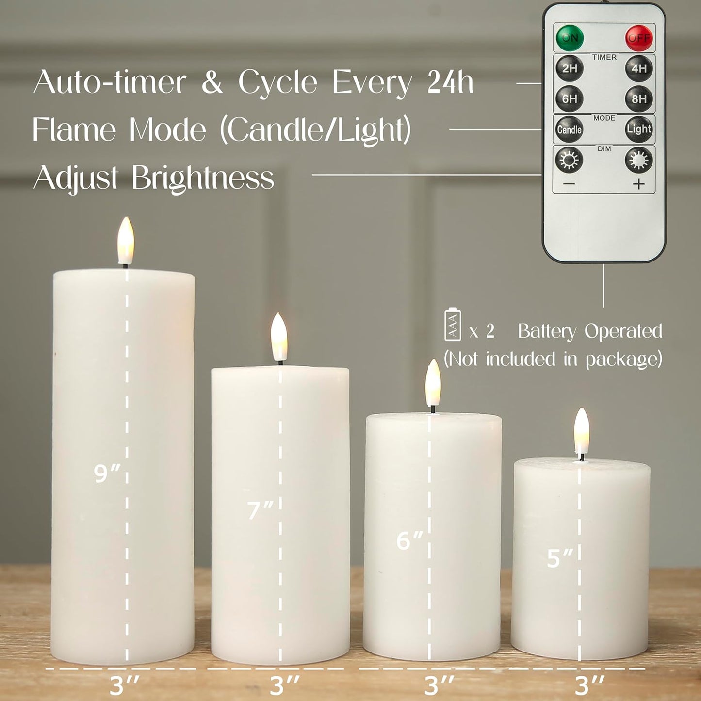 LUSHABOR Flameless Candles, 4 Pack Battery Operated Candles with Remote, Real Wax LED Fake Candles with Timer Flickering for Christmas Wedding Home Party D3 H 5" 6" 7" 9" White
