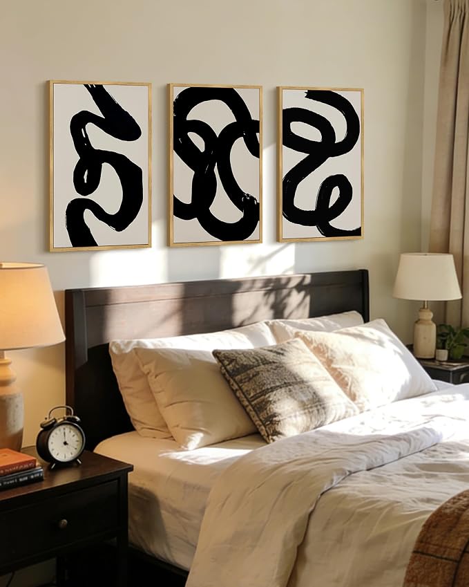 PHOPAGO Black Abstract Modern Framed Wall Art Large 16x24in Ink Wash Minimalist Thick Black Lines Paints Artwork Bedroom Living Room Home Decor - Natural Framed