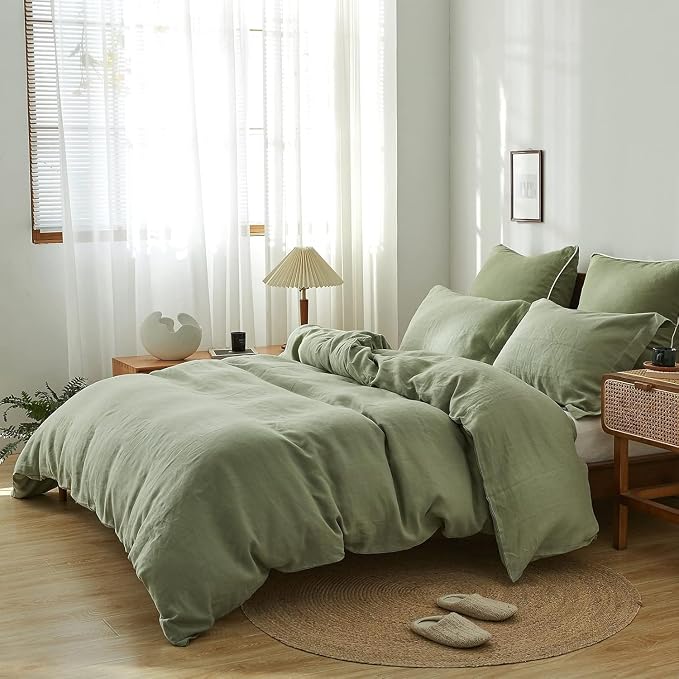 Simple&Opulence 100% Linen Duvet Cover Set 2pcs Natural French Basic Style Washed Flax Solid Color Breathable Soft Farmhouse Bedding with Button Closure (Sage Green, Twin)
