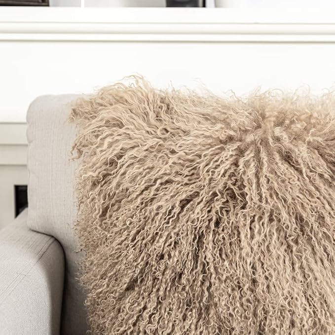 Mongolian Lamb Fur Throw Pillow Cover (12'' x 20'', Khaki) Sheep Fur Decorative Cushion Cover Case Home Decorative Square Throw Pillow Cover Plain Wool Pillow Protector