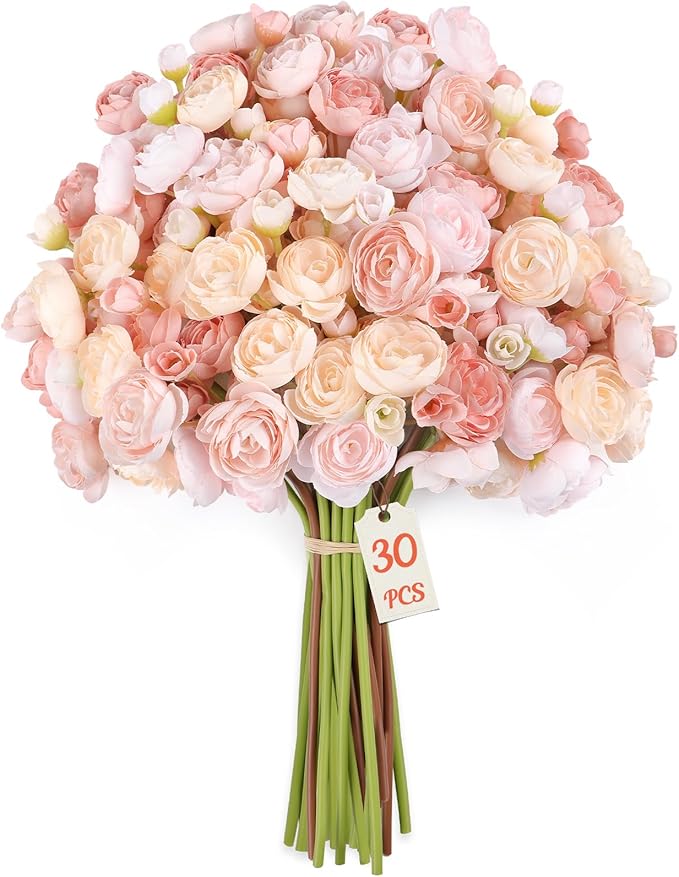 Alupssuc 30Pcs Ranunculus Artificial Flowers Faux Silk Mini Ranunculus, Artificial Flowers Indoor for DIY Bouquets, Bulk Fake Wedding Filler Flowers for Bride Decorations, DustyRose&Cream&ShabbyBlush