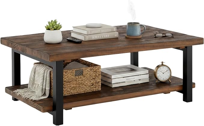Alaterre Furniture Pomona Solid Wood Coffee Table, Rustic Brown, 48” | Large Rectangular Center Table with Storage Shelf and Metal Legs, Rustic Industrial Farmhouse Living Room Table