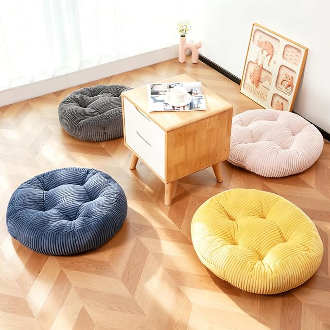Round Floor Pillow, 6-Inch Thick Meditation Floor Cushion with PP Cotton Filling, Soft Corduroy Boho Floor Seating for Living Room, Bedroom, 22 x 22 Inches (Gray, 2 Pack)