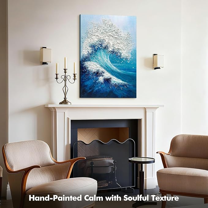 Large Abstract Blue Ocean Wave Wall Art, 3D Textured Vertical Oil Painting | 24x36 In Hand-Painted Canvas Textured Ocean Waves Wall Decor for Living Room Bedroom Office, Minimalist Coastal Artwork