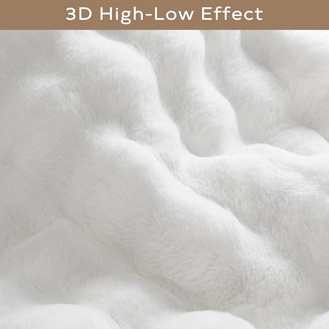 Ashler Faux Rabbit Fur Rug, White 2x6 FT Fluffy Soft Runner Area Rugs, Rectangle Fuzzy Carpet for Living Room, Bedroom, Machine Washable - 3D Bubble Mat