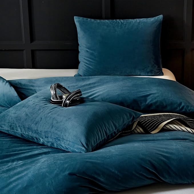 WARMDERN Blue Flannel Velvet Duvet Cover King Size Duvet Cover Bedding Sets, 3pcs Ultra Soft Luxury Textured Modern Crystal Velvet Duvet Covers with Zipper Closure(Blue, King)