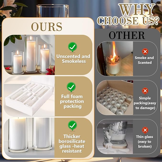 Homjoy 12 PCS White Pillar Candles with Glass Candle Holders Clear Hurricane Candle Holders Glass Cylinder Vases for Centerpieces Wedding Party, Event, Home Office (6 Candles+6 Candle Hoders)
