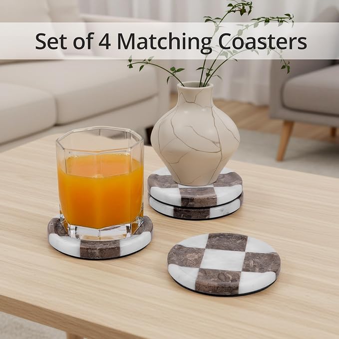Marble Coasters Set of 4, White & Oceanic Handmade 4 inch Round Stone Coaster, Drink Checkered Coaster Plates for Coffee Table, Stylish Bar Accessories & Modern Home Décor
