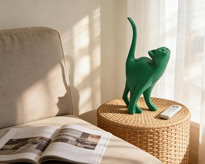 Green Cat Statue Modern Abstract, Home Office Shelf Decor, 7-Inch Vibrant Assorted Colors, Easy to Match Any Decor Style