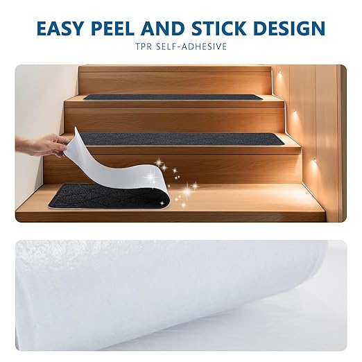 Stair Treads for Wooden Steps Indoor, 7 Pack 8" X 30" Non Slip Carpet Stair Treads with Reusable Adhesive for Kids Elders and Dogs, Surface Polyester TPR Backing Stair Rugs,Black