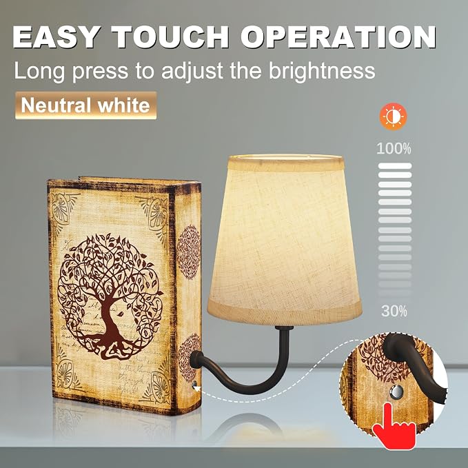 Vintage Bookshelf Lamp Rechargeable, Cordless Book Lamp with Linen Shade, Dimmable Touch Control Table Lamp, Modern Decorative Bookend, Bookshelf Lights for Office Home, Library, Study