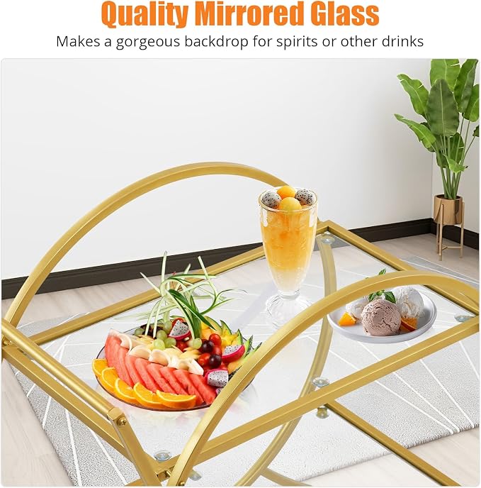 Bar Cart, 2 Tier Mobile Mini Bar, Kitchen Serving Cart and Coffee Station with Lockable Wheels, Storage for Liquor, Metal and Mirror, Modern