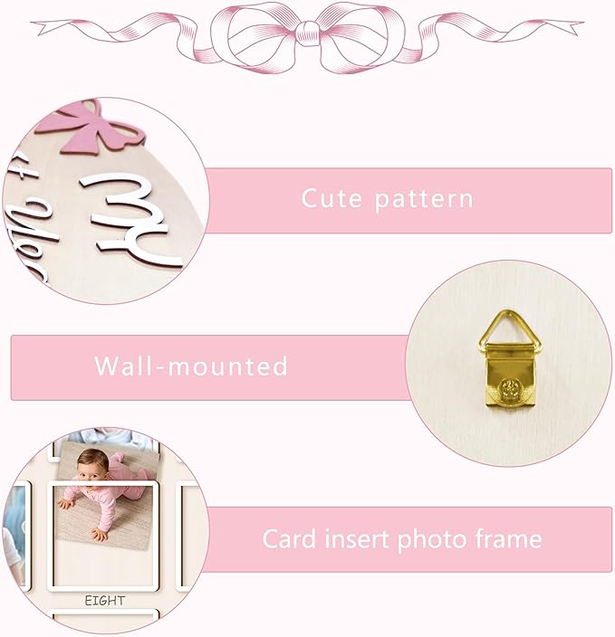 Aukolass Bow One Year of Photo Board, My First Year Photo Photo Board 12 Monthly Milestones Picture Frame for Baby Girl 1st Birthday Decorations (pink, 4" x 4")