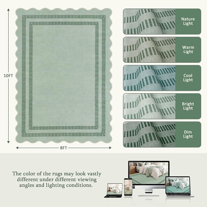 Scalloped Rug 5x7, Green Rugs for Living Room Ultra-Thin, Washable Area Rug Soft Rugs Non-Slip Throw Carpet for Bedroom ‎Dining Room Playroom