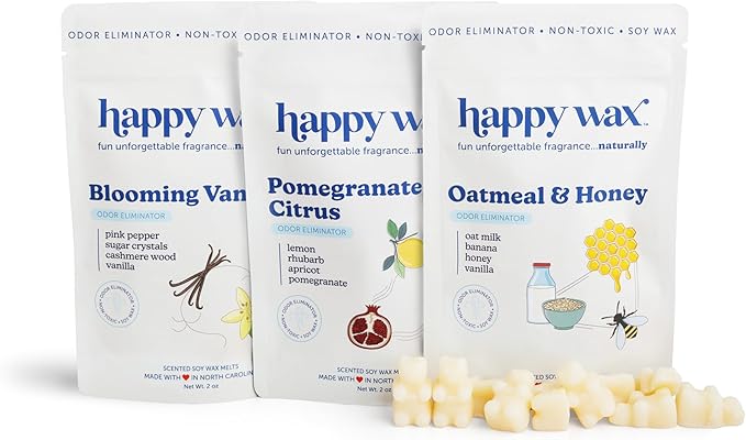 Happy Wax Odor Eliminating Scented Soy Wax Melts – Pet-Safe, Non-Toxic, Use with Wax Warmers - for Home Fragrance & Freshness - 6 Total Oz: Oatmeal & Honey, Pomegranate Citrus and Blooming Vanilla