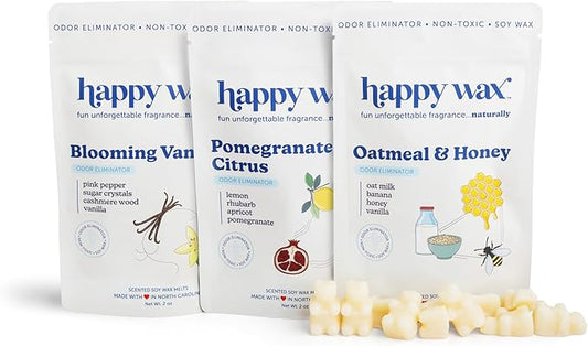 Happy Wax Odor Eliminating Scented Soy Wax Melts – Pet-Safe, Non-Toxic, Use with Wax Warmers - for Home Fragrance & Freshness - 6 Total Oz: Oatmeal & Honey, Pomegranate Citrus and Blooming Vanilla