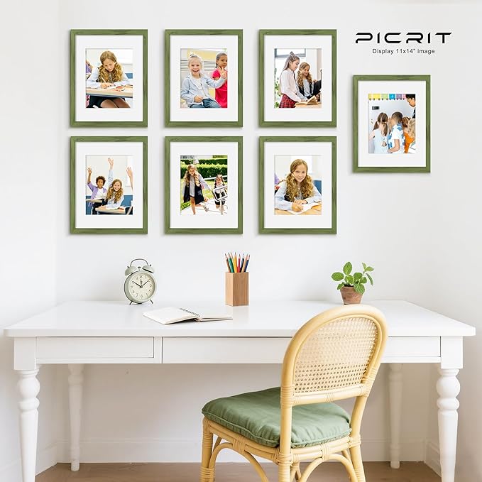 Picrit 11x14 Picture Frame Set of 12, Display 8x10 with Mat or 11x14 without Mat, Photo Frames for Wall Mounting or Table Top Display, Green Wood Grain