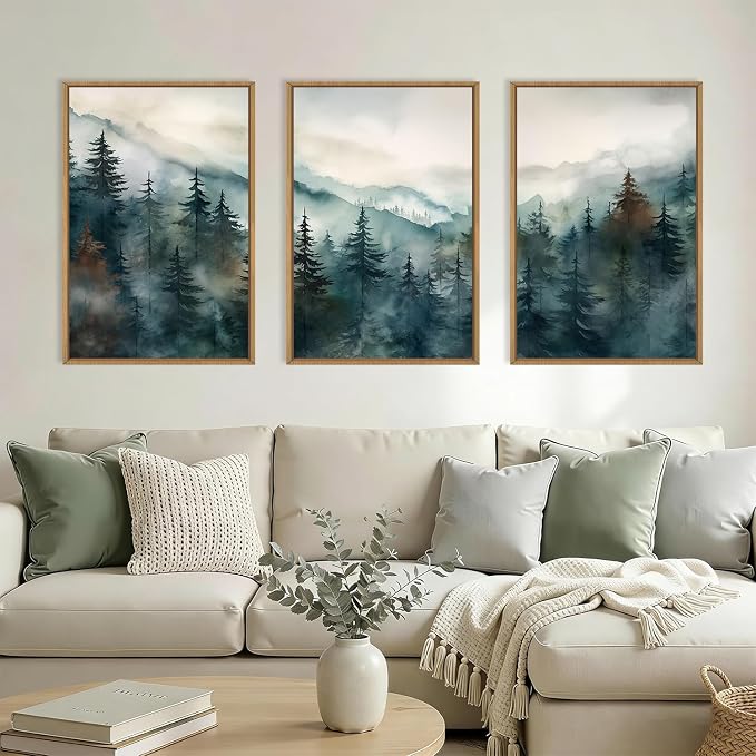 KAIRNE Watercolor Misty Forest Framed Canvas Wall Art Set, Nature Landscape Wall Decor, Foggy Mountain Pine Trees Wall Painting, Jungle Scenery Artwork for Living Room, Bedroom, Office-24 x36 x3