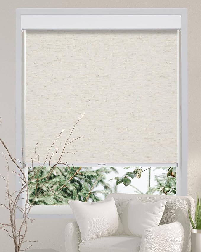 Persilux Free-Stop Cordless 100% Blackout Roller Window Shades for Home, Natural Woven Fabric UV Protection Privacy Roller Shades for Windows Blinds for Sliding Glass Doors, Bedroom, Cream 29"W x 72"H