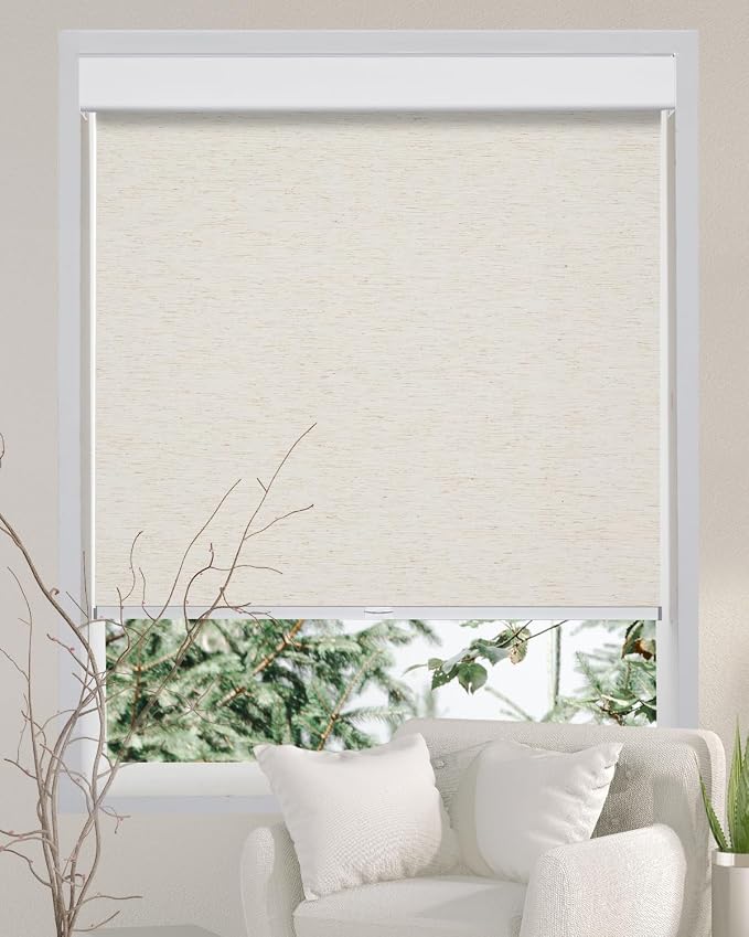 Persilux Free-Stop Cordless 100% Blackout Roller Shades for Indoor Windows, Natural Woven Fabric UV Protection Privacy Thermal Insulated Roller Window Shades for Home, Bedroom, Cream 35" W x 64" H
