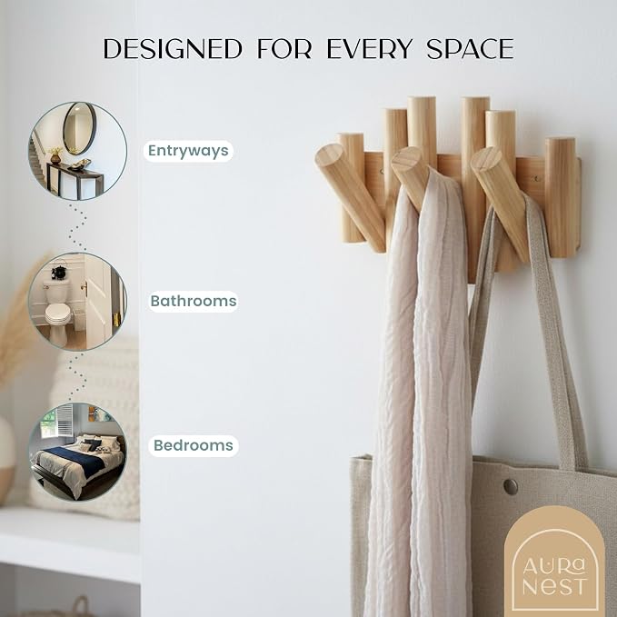Bamboo Piano Coat Rack Wall Mount Set of 2, Flip Down Wooden Hooks for Entryway Hallway Mudroom Bedroom | Natural Wood Wall Hanger, 2-Pack 3 Hooks, Space Saving Organizer