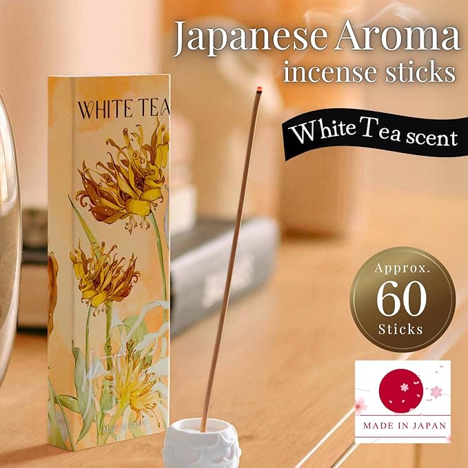 White Tea Luxury Japanese Incense Sticks 60sticks Jasmine Musk Grapefruit Coreless Low Smoke Natural Charcoal Free Non Toxic Aromatherapy Meditation Calming Stress Relief Relaxation Yoga TOMORI