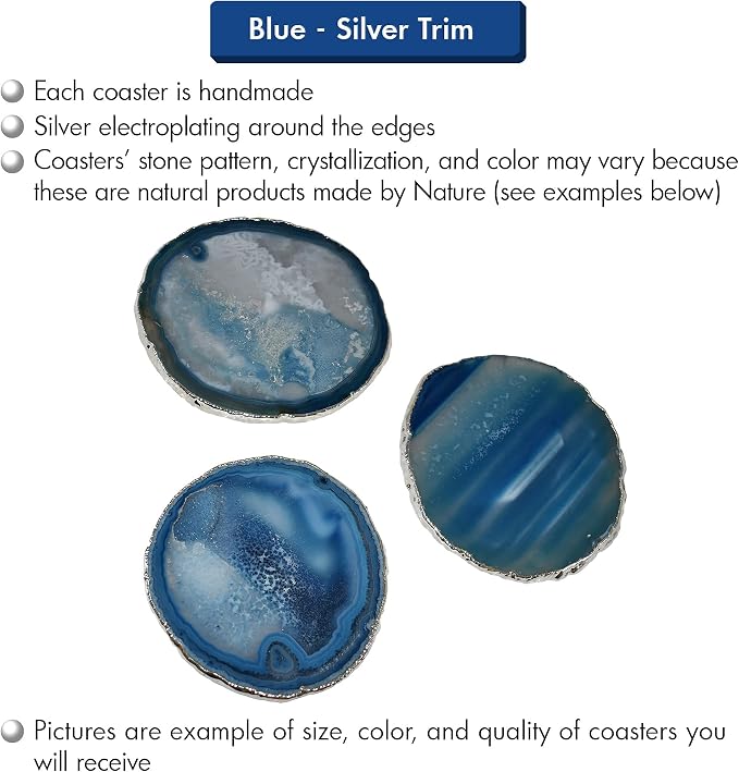 Nature's Decorations Blue Silver Rimmed Agate Stone Coasters - Set of 4, Polished Geode Drink Mats for Dining & Coffee Table & Kitchen Geode Decor Non-Toxic 3.5-4” Diameter