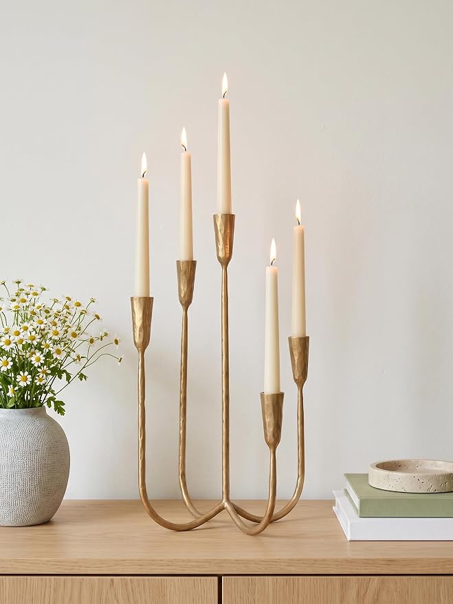 Denique 5-Arm Cast Iron Candelabra with LED Flameless Taper Candles and Remote, Tall Metal Vintage Candle Holder Centerpiece for Dining Table, Wedding and Event Decor, Gold