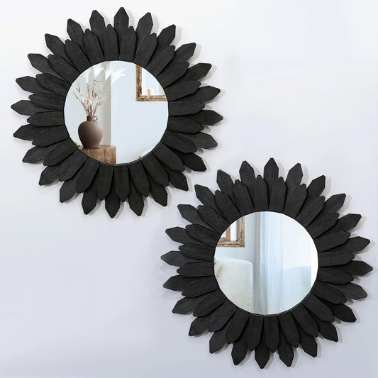 Honiway Boho Wall Decor Mirrors for Wall 2 Pack 12 inch Wood Decorative Mirror for Room Decor Rustic Farmhouse Mirror for Bedroom Bathroom Living Room Kitchen Black