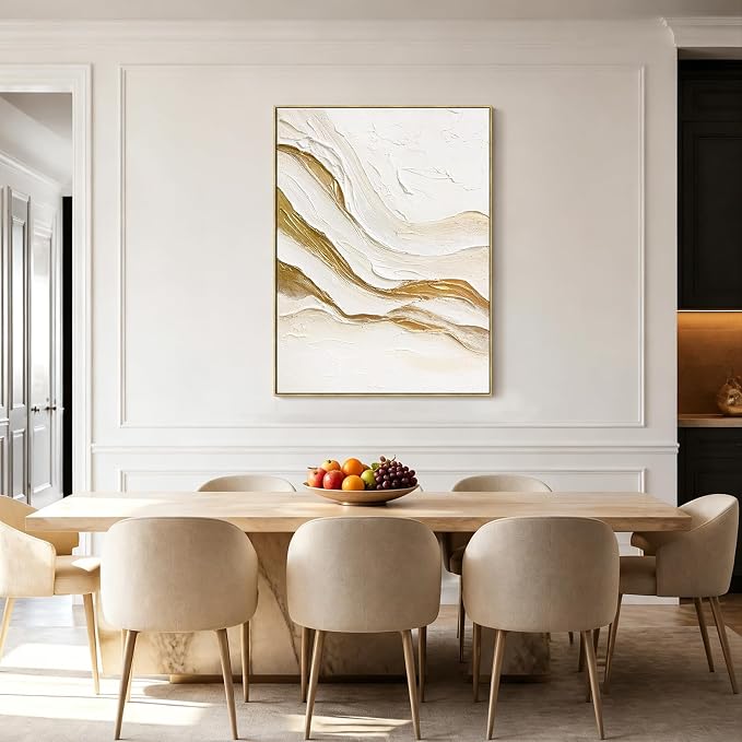 SAFERRYHOME Abstract Texture Hand Painted Wall Art, White Gold, 30"x40" | Large 3D Textured Framed Canvas Wall Decor, Modern Neutral Painting Minimalist Wave Artwork for Home Office Living Room